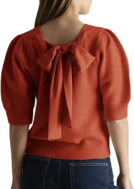 UAURORAO Sweater with Bows for Women Puff Short Sleeve Crewneck Pullover Top Tie Back Bowknot Knit T Shirt Blouses