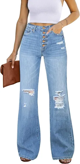 Utyful Women's High Waist Relaxed Fit Ripped Jeans Stretchy Flare Jeans Denim Pants