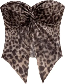 WDIRARA Women's Leopard Print Twist Tube Top Split Front Strapless Asymmetrical Bandeau Top