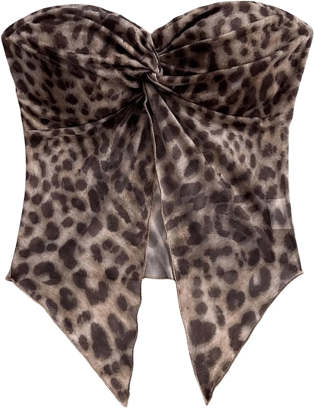 WDIRARA Women's Leopard Print Twist Tube Top Split Front Strapless Asymmetrical Bandeau Top