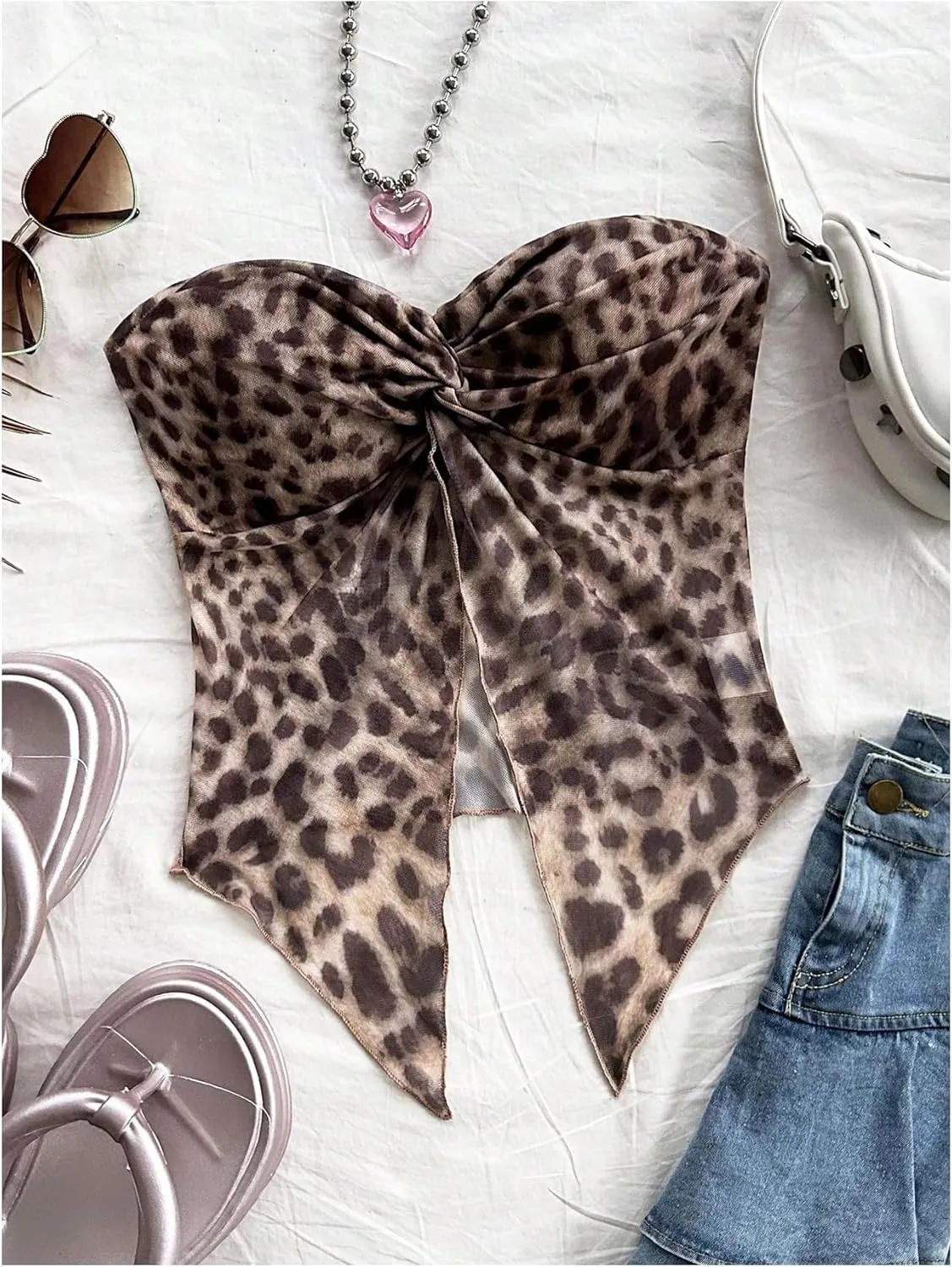 WDIRARA Women's Leopard Print Twist Tube Top Split Front Strapless Asymmetrical Bandeau Top