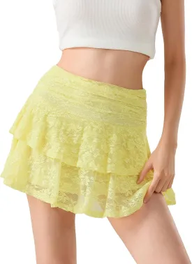 Women Y2k Lace Mini Skirt Elastic Low Rise Ruffle Half Slip Skirt Layered Pleated Flowy Short Skirt Streetwear