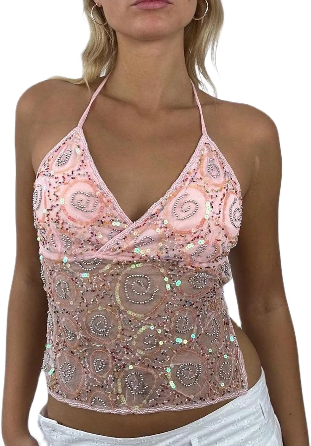 Women Y2k Sequin Cami Top Glitter Mesh Sleeveless Halter Top Sparkle Rhinestone Tank Top Going Out