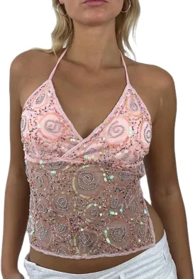 Women Y2k Sequin Cami Top Glitter Mesh Sleeveless Halter Top Sparkle Rhinestone Tank Top Going Out