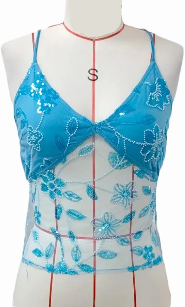 Women Y2K Sequin Lace Camisole Coquette V Neck Tie Up Halter Cami Crop Top Summer Beach Vacation Backless Tank Top