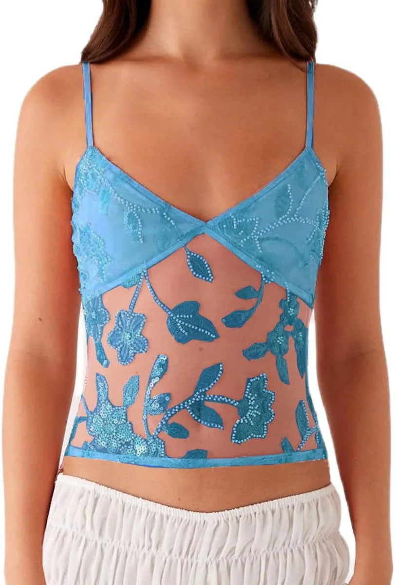 Women Y2K Sequin Lace Camisole Coquette V Neck Tie Up Halter Cami Crop Top Summer Beach Vacation Backless Tank Top