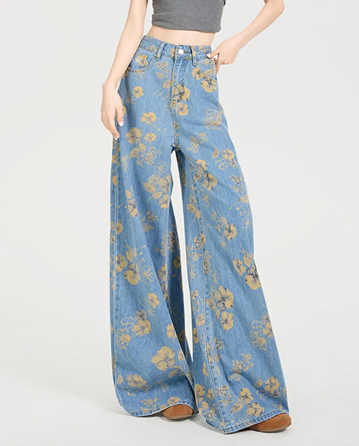 Women's High Waisted Wide Leg Jeans Flower Printed Straight Leg Baggy Jeans High Rise Loose Boyfriend Denim Pants