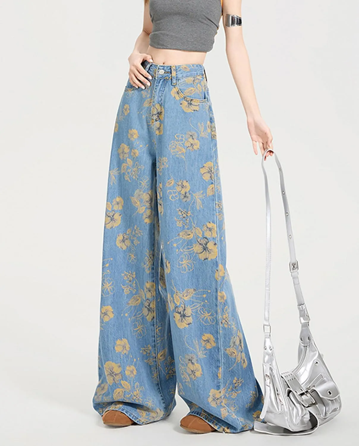 Women's High Waisted Wide Leg Jeans Flower Printed Straight Leg Baggy Jeans High Rise Loose Boyfriend Denim Pants