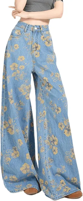 Women's High Waisted Wide Leg Jeans Flower Printed Straight Leg Baggy Jeans High Rise Loose Boyfriend Denim Pants
