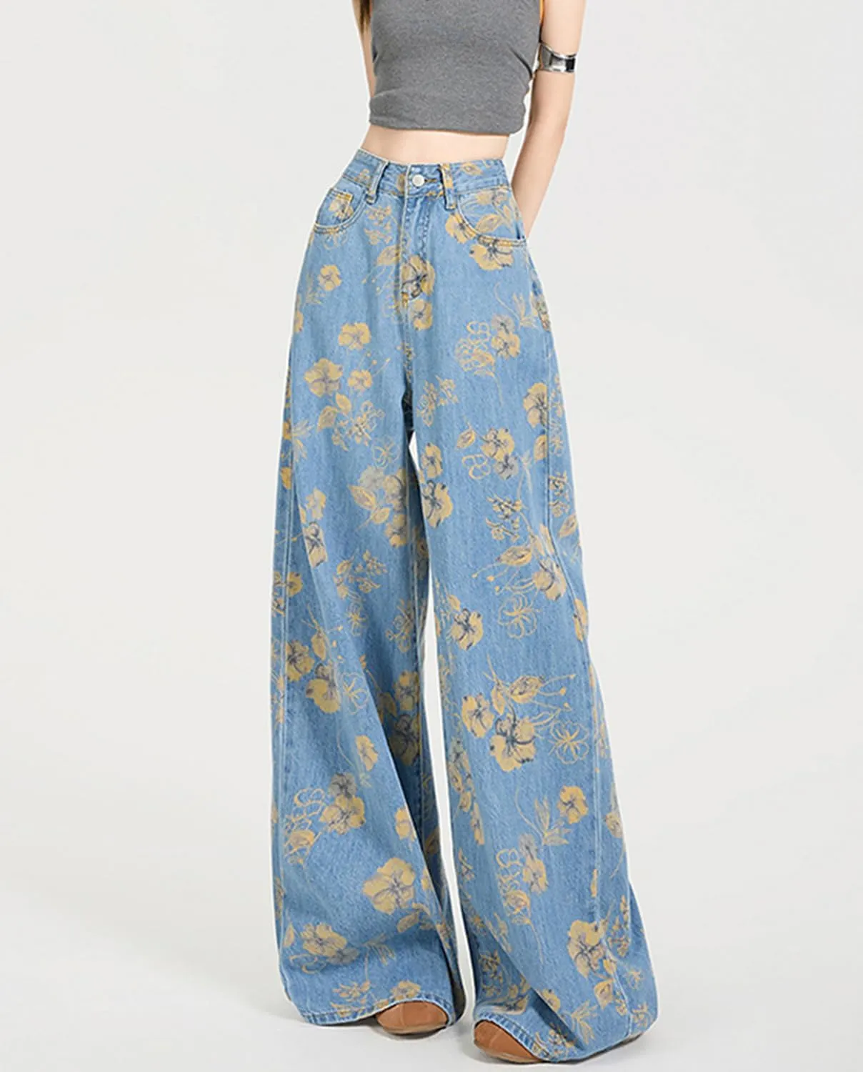 Women's High Waisted Wide Leg Jeans Flower Printed Straight Leg Baggy Jeans High Rise Loose Boyfriend Denim Pants