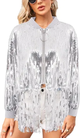 Women's Short Sequin Fringes Jacket Coat Long Sleeve Zipper Blazer Bomber Racing Jacket Club Party Rave Outfits