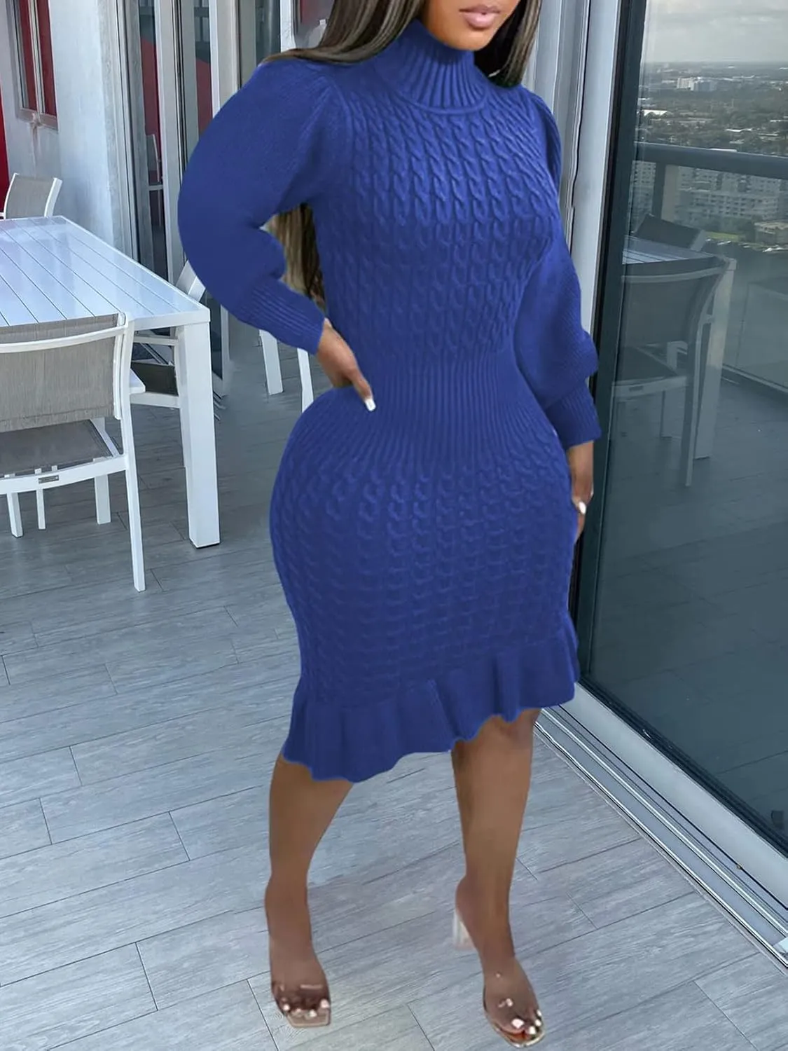 Women's Sweater Dress 2023 Fall High Neck Long Sleeve Chunky Cable Knit Pullover Sweaters Dress