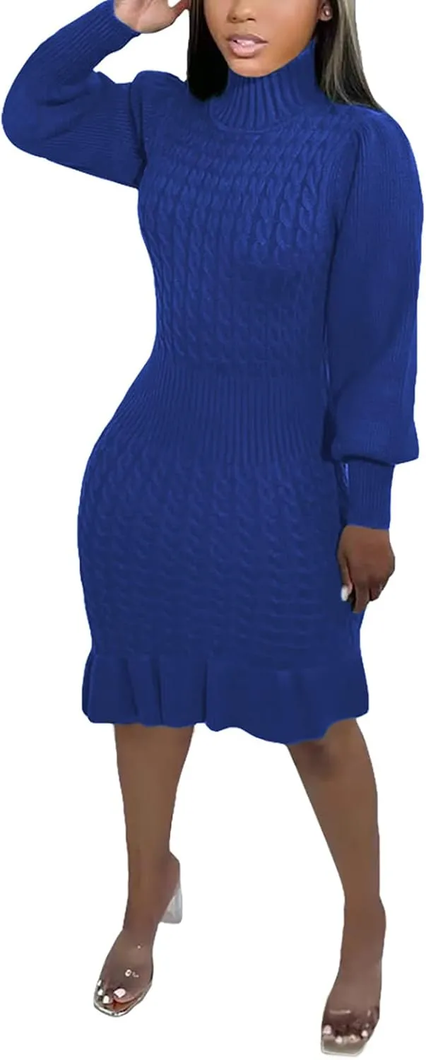 Women's Sweater Dress 2023 Fall High Neck Long Sleeve Chunky Cable Knit Pullover Sweaters Dress
