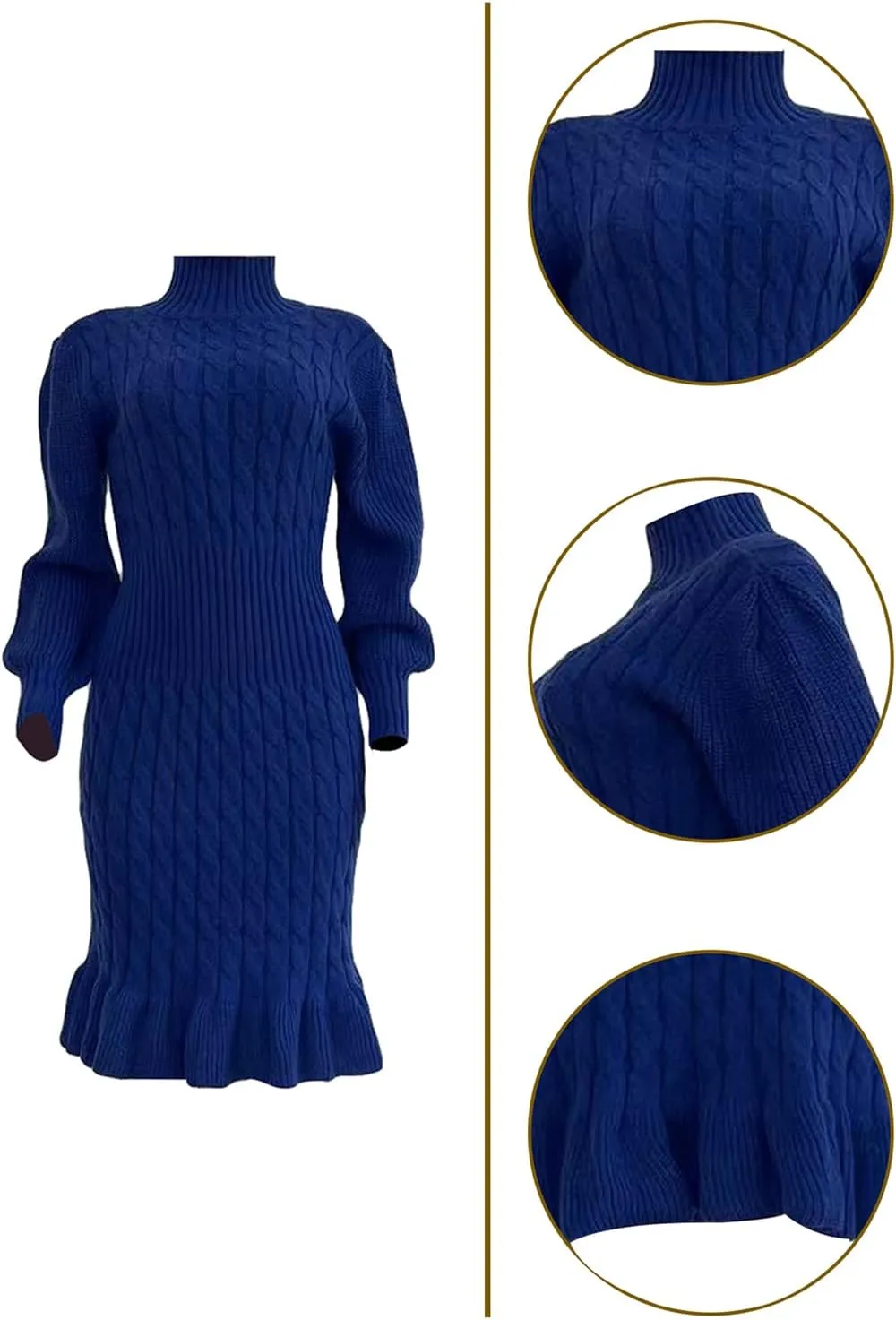 Women's Sweater Dress 2023 Fall High Neck Long Sleeve Chunky Cable Knit Pullover Sweaters Dress
