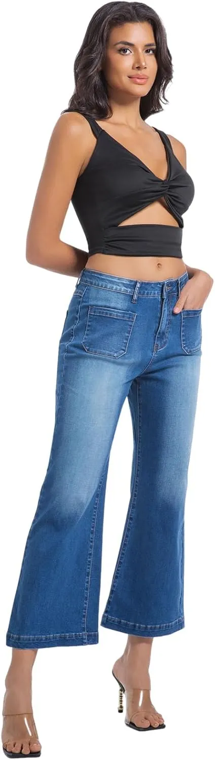 Womens Wide Leg Petite Jeans High Waisted Stretchy Cropped Flare Jeans with Patch Pockets