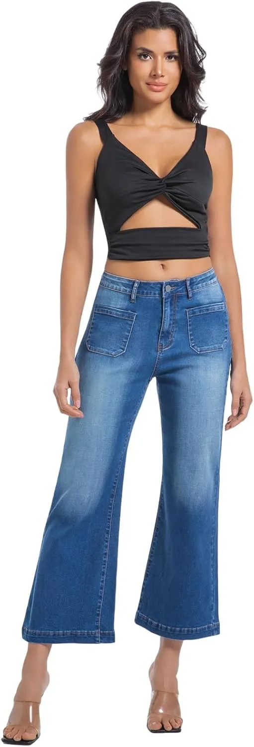Womens Wide Leg Petite Jeans High Waisted Stretchy Cropped Flare Jeans with Patch Pockets
