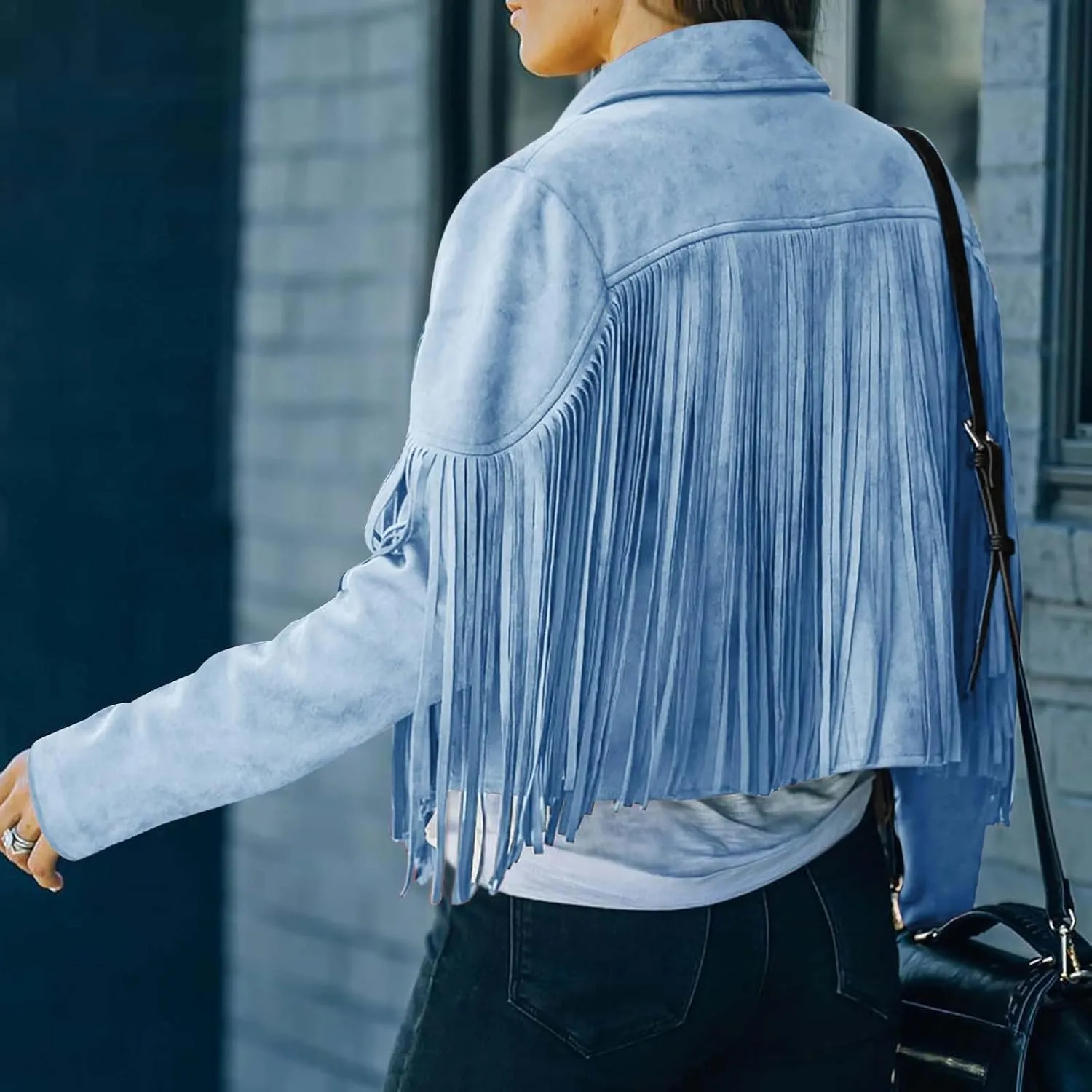 Xiaojmake Women's Fringe Jackets Faux Suede Leather Jackets Tassel Motorcycle Cropped Coats Lapel Open Front Blazer Jacket