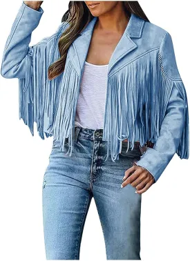 Xiaojmake Women's Fringe Jackets Faux Suede Leather Jackets Tassel Motorcycle Cropped Coats Lapel Open Front Blazer Jacket