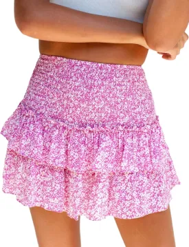 Yimoon Women's Summer High Waist Layered Ruffle Mini Skirt Floral Print Boho Smocked A Line Short Skirt