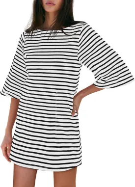 Yousify Womens T Shirt Dress Cotton Summer Dresses 2025 Casual Loose Short Sleeve Striped Mini Dress with Pockets