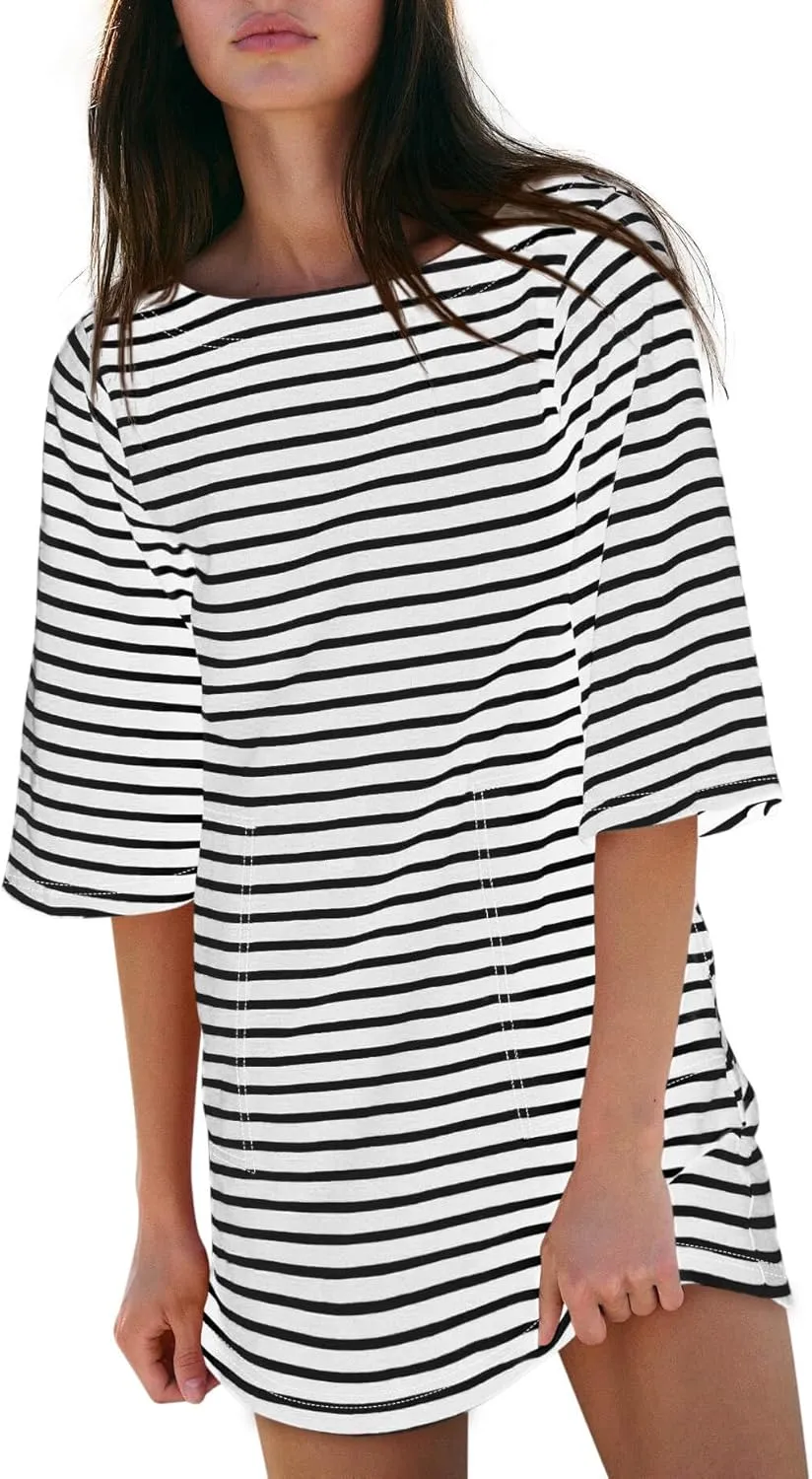 Yousify Womens T Shirt Dress Cotton Summer Dresses 2025 Casual Loose Short Sleeve Striped Mini Dress with Pockets