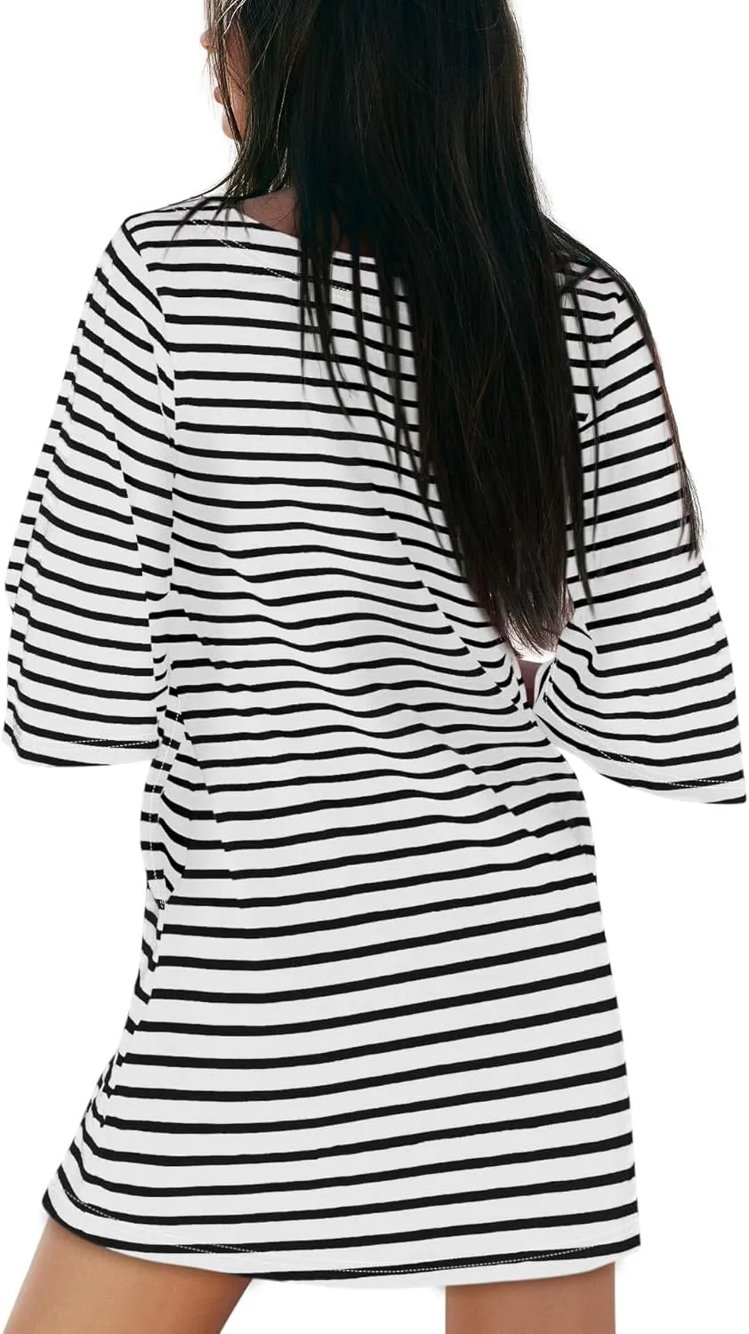 Yousify Womens T Shirt Dress Cotton Summer Dresses 2025 Casual Loose Short Sleeve Striped Mini Dress with Pockets