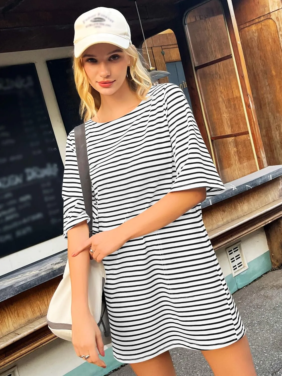 Yousify Womens T Shirt Dress Cotton Summer Dresses 2025 Casual Loose Short Sleeve Striped Mini Dress with Pockets
