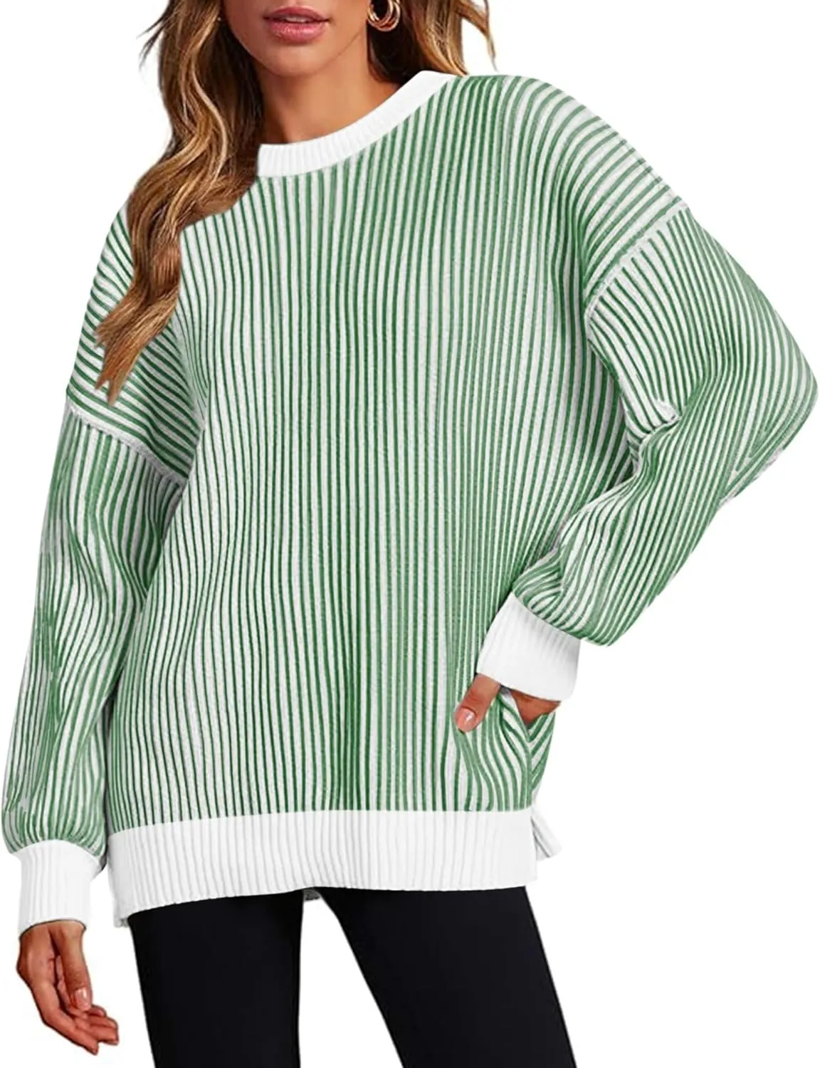 Zeagoo Women 2024 Winter Oversized Sweater Crew Neck Long Sleeve Color Block Pullover Rib Knit Blouse Tops XS-2XL