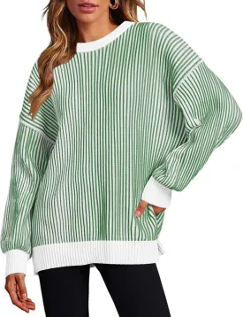 Zeagoo Women 2024 Winter Oversized Sweater Crew Neck Long Sleeve Color Block Pullover Rib Knit Blouse Tops XS-2XL