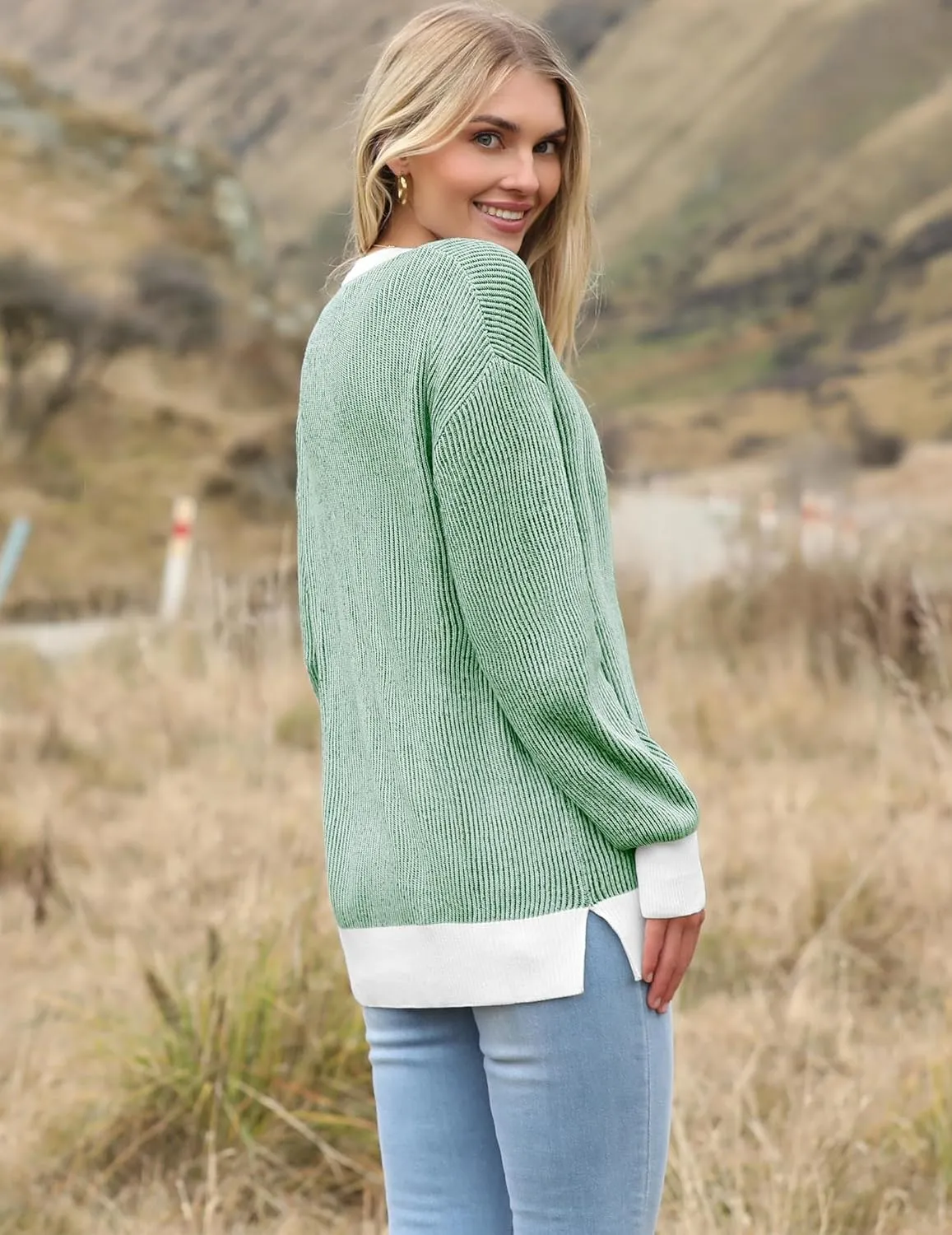 Zeagoo Women 2024 Winter Oversized Sweater Crew Neck Long Sleeve Color Block Pullover Rib Knit Blouse Tops XS-2XL